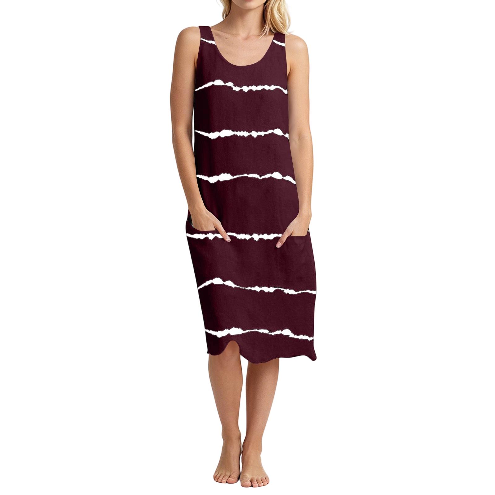 

Women Sleeveless Loose Fit Striped Casual Dress Summer Lightweight Relaxed Tank Midi Dress for Everyday Wear S винный