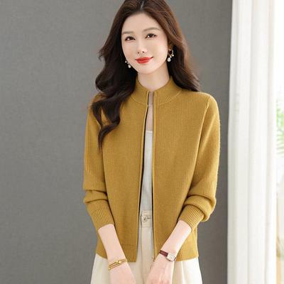 Elegant Autumn 2025 Zipper Sweater: Stand-Up Collar Knitted Cardigan for Middle-Aged Women