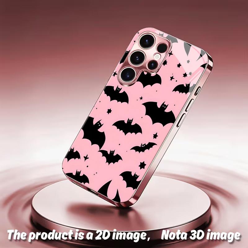 2DFlat Samsung electroplated tempered glass phone case,Cute Bat Pattern Phone CaseSuitable for Galaxy S26 S23 S24FE S25ULTRA S22 S21