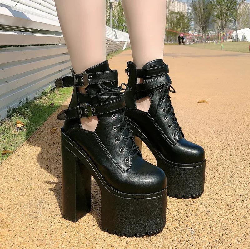 15CM Spring Autumn Fashion Women Boots High Heels Platform Buckle Lace Up Leather Short Booties Black Ladies Shoes Promotion