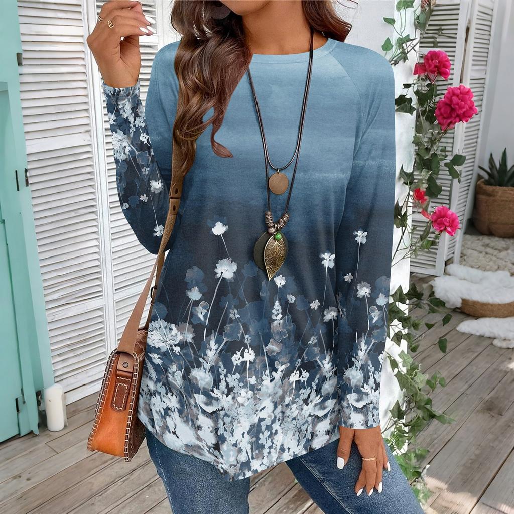 Women's Casual Plus SizeLong Sleeved Round Neck Vintage Ethnic Printing T-shirt Top Pullover