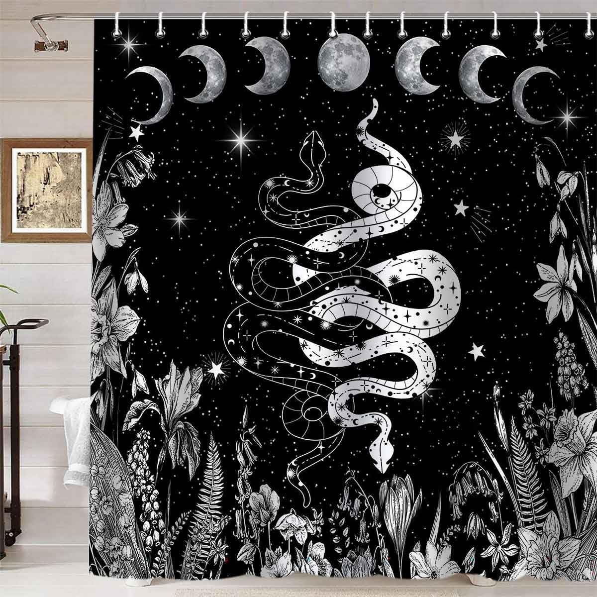 

Black And White Snake Moon Phase Shower Curtain Galaxy Star Floral Plant Boho Celestial Mysterious Gothic Witchy Hooks W60H190(CM)-1 Pcs