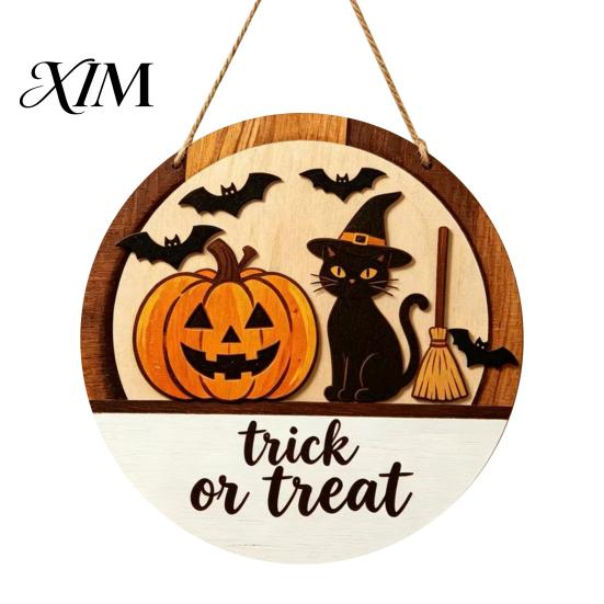 Trick or Treat Hanger Halloween Layered Round Door Hanger, 3D Pumpkin Ghost Owl Wood Welcome Sign, Decorative Festive Ornament Farmhouse Front
