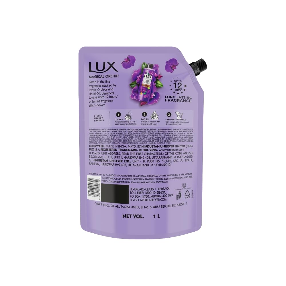 Lux Black Orchid & Juniper Oil Bodywash Refill Pack 1 Litre Soft Glowing Skin Paraben Free