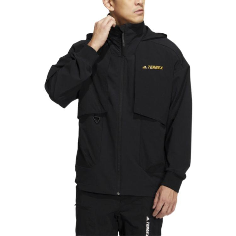 Adidas Terrex Logo Print Solid Color Cargo Pocket Detail Stand Collar Jacket Unisex Jackets Black HN2027