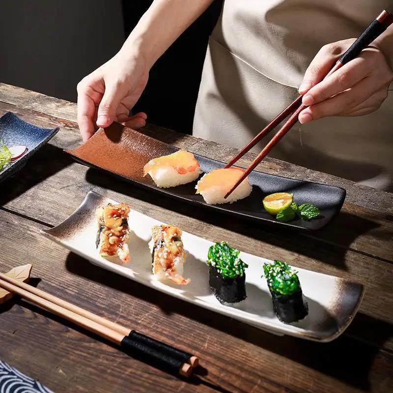 Lange Platte Dessertteller Japanischer Stil Keramik Sushiplatte Restaurant Barbecue Geschirr Hotel Haushalt Fischplatte