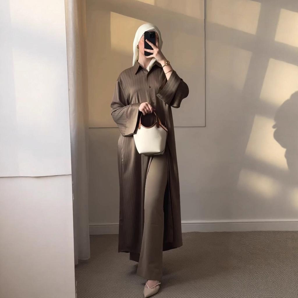 Mittlerer Osten Arabisch Dubai Türkisch Damen Frühling Neue Mode Gestreift Einreihig Hemdkleid