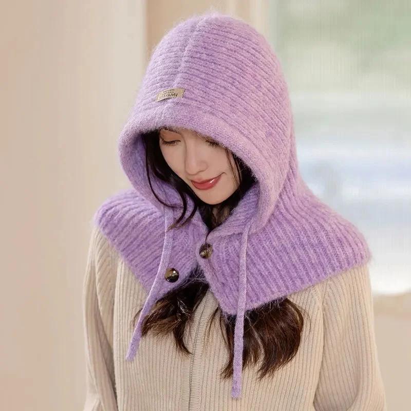 Women's Autumn Winter New Knit Hat With Scarf Collar Warm and Stylish Polar Fleece Beanie Hat For Outdoor Activities