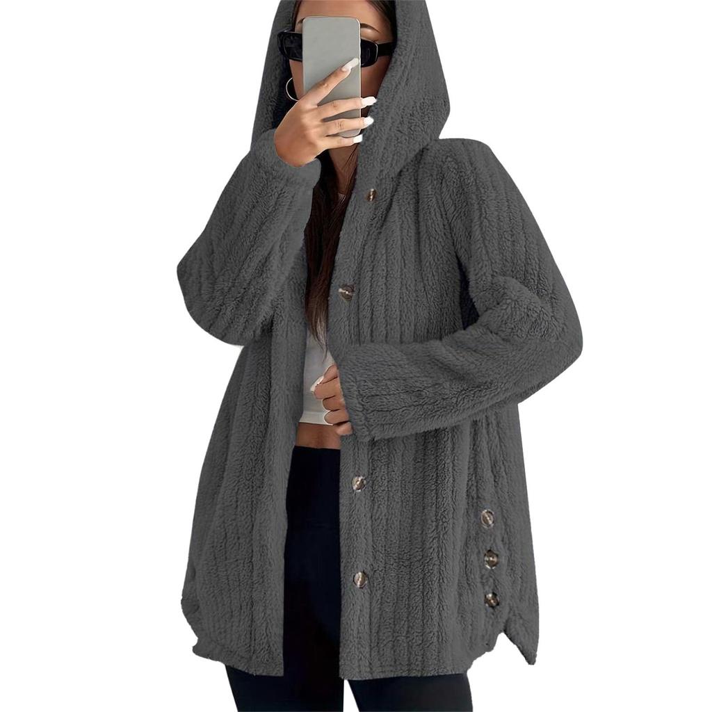 Women's Fashionable Coat Solid Color Long Sleeved Hooded Button Plush Warm Jacket