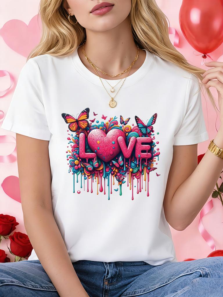 ValentineDay Short Sleeve Tshirt LOVE Letter Print Crew Neck Casual Daily Holiday Vibe Top For Summer Spring
