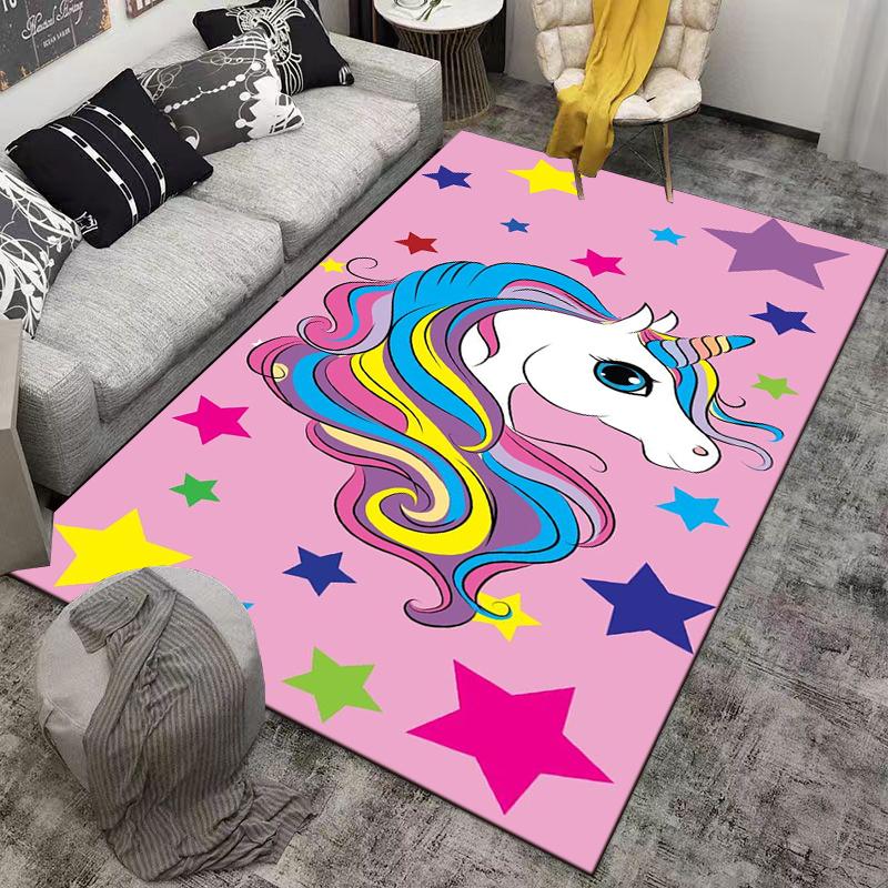 Unicorn Printed Carpet with Colorful Stars on Pink Background Decor Suitable for use as an anti-slip for living room bedroom sofas