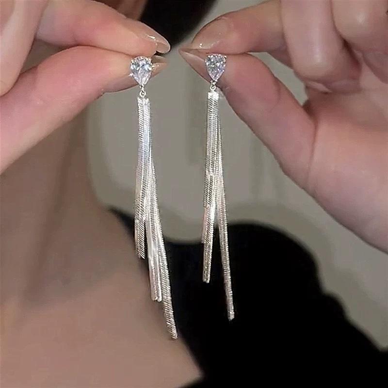 Temperament advanced sense long fringed earrings women s simple and versatile design showing face thin stud earrings zircon cold wind earrings