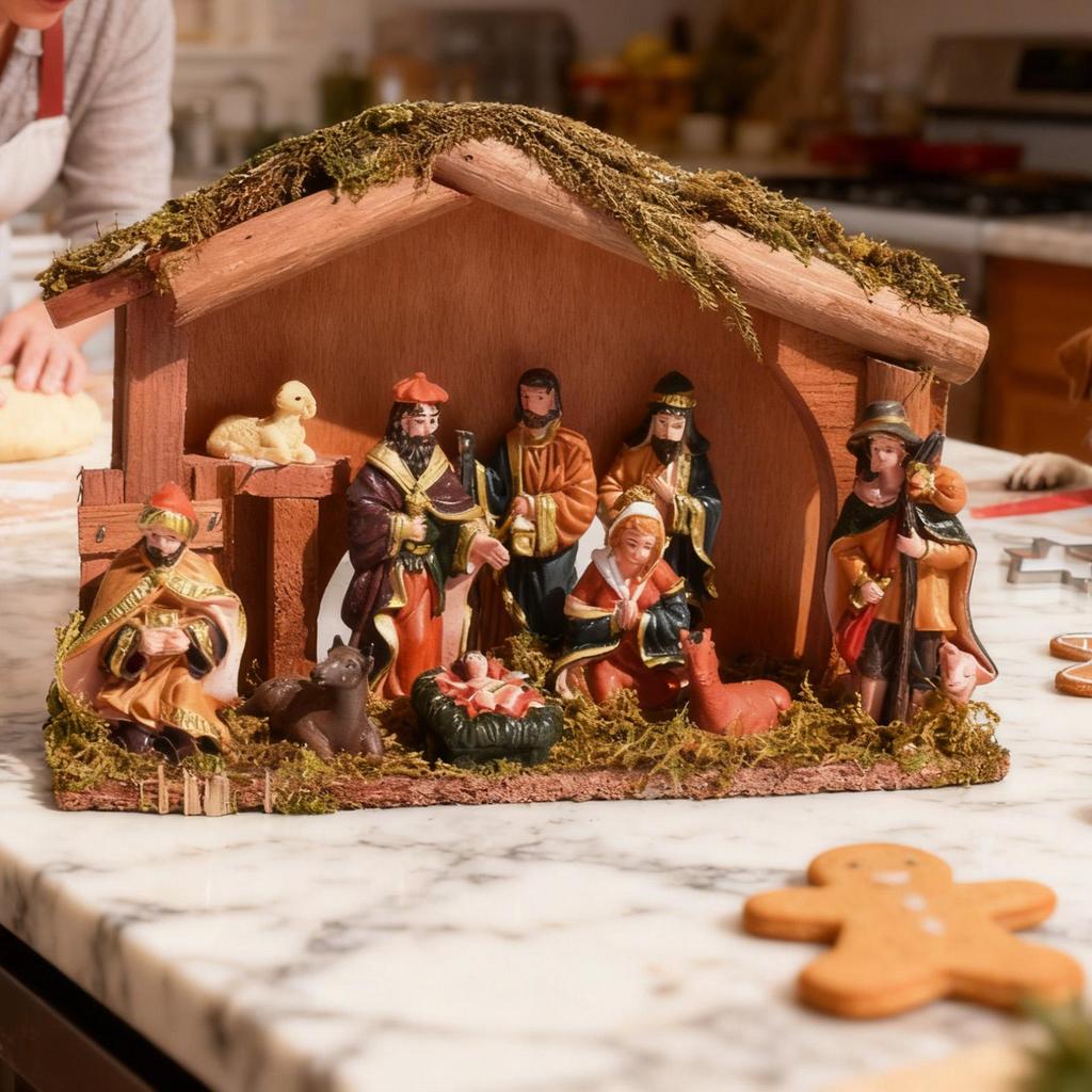 Bożonarodzeniowa Szopka Figurki Świętej Rodziny Ozdoba Świąteczna Drewniana Szopka na Stół Kuchenny Wnętrze Domu