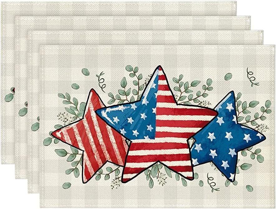 American Flag Stars Eucalyptus 4th of July Placemats Set of 4, 12x18 Inch Seasonal Patriotic Memorial Day Table Mats