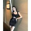 Fake Two Pieces of Lotus Leaf Edge Waist and Thin Low-cut Backless Suspender Hip Dress Women's Mesh Yarn Perspective One-step Skirt Summer