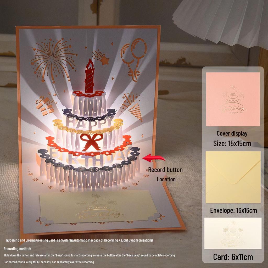 3D Pop-Up Birthday Sound Card with Recording Light - Cake Design for Boyfriend/Girlfriend Gift