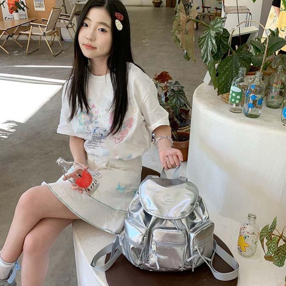 Plaid Women Daily School Bag Sweet Silver PU Daypack Portable Korean Drawstring Backpack  Girls