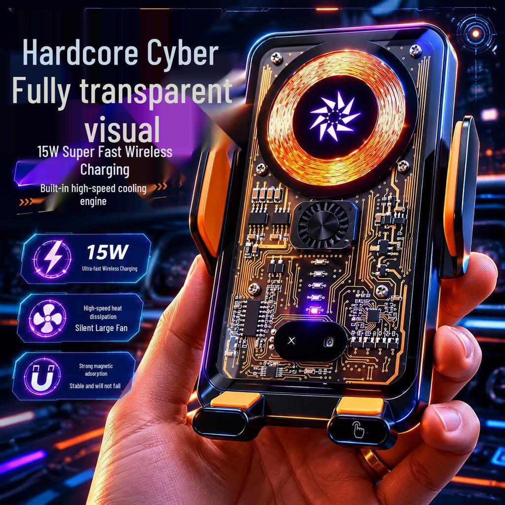 Transparent Cyberpunk Car Wireless Charger & Anti-shake LED Phone Mount