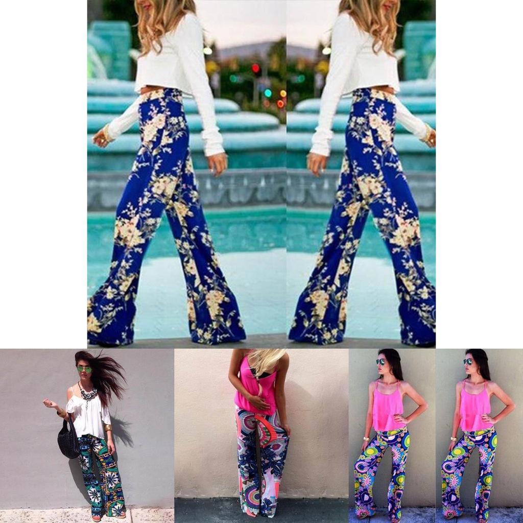 Women Bohemia Long Pants Floral Print Straight Casual Loose Trousers With Micro Fiber Material