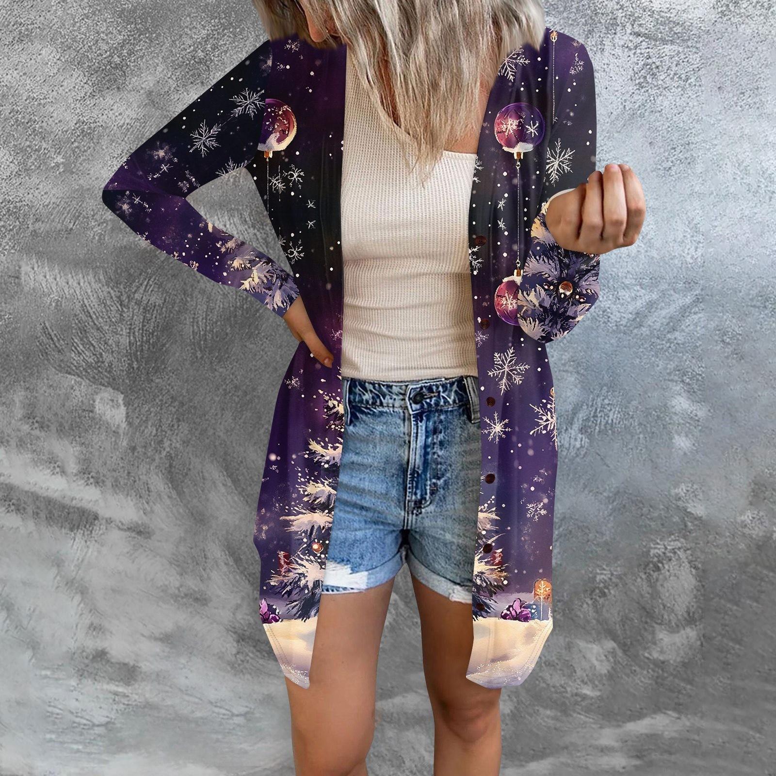 

Женская модная повседневная куртка с длинными рукавами и принтом средней длины, кардиган на пуговицах, пальто L фиолетовый