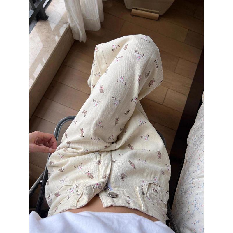 Bílé rovné džíny s potiskem medvěda v korejském stylu pro ženy Jaro Podzim Nový design Vysoký pas Široké nohavice