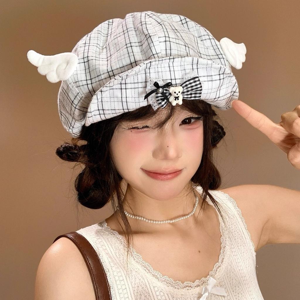 Japanese Cherry Plaid Patch Turned Brim Beret Children Spring and Summer Sweet Versatile Face Small Cloud Hat