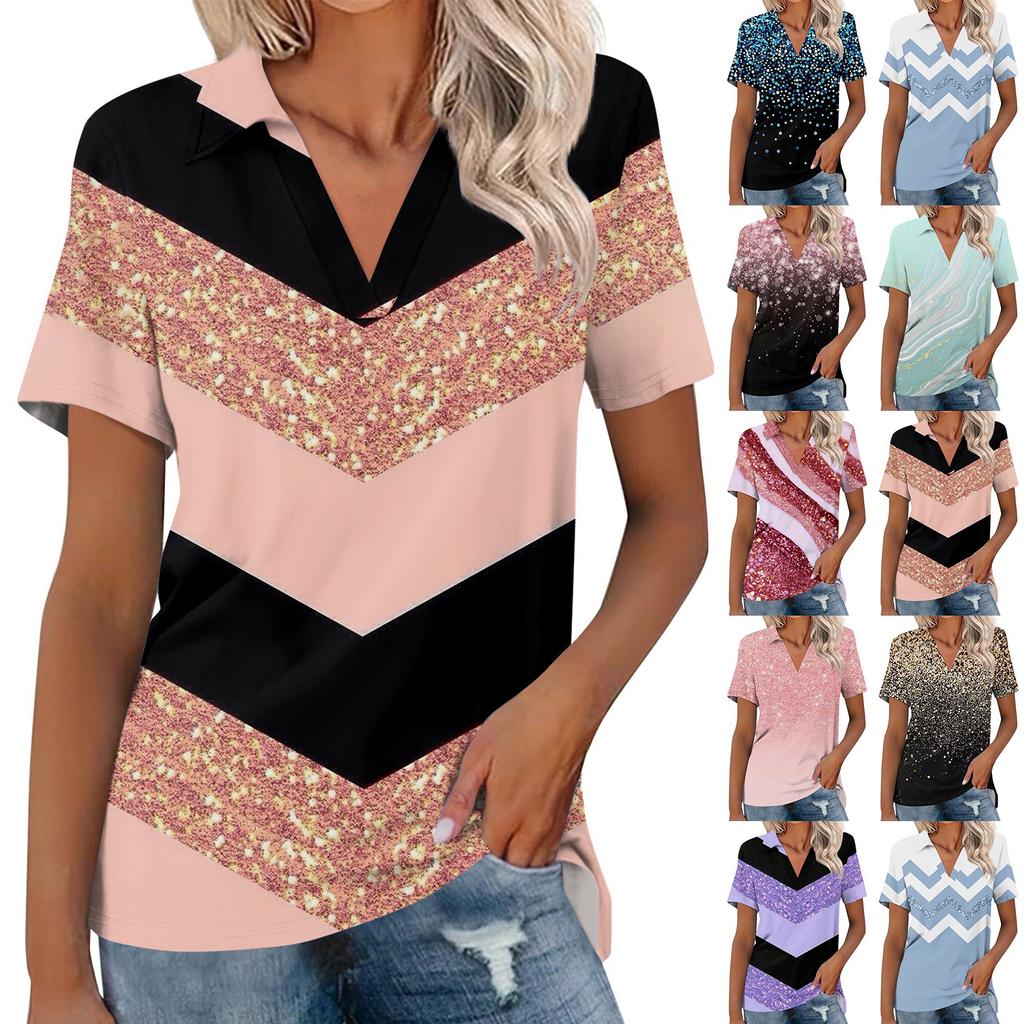 Women's Fashion Short Sleeve T-Shirt Summer V-Neck Lapel Casual Basic Sequin Printed Top