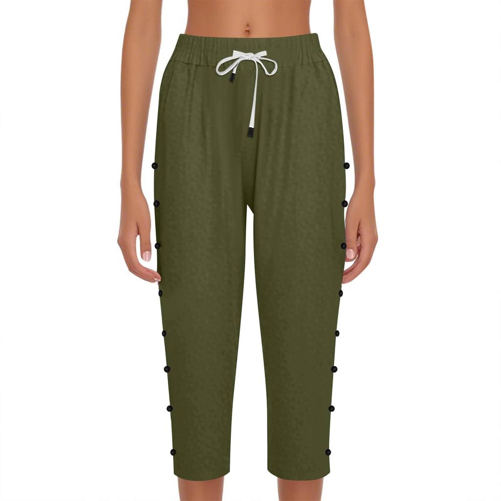 Women Casual Side Button Up Trendy Pants Baggy Elastic Waist Straight Leg Comfort Trousers With Pocket