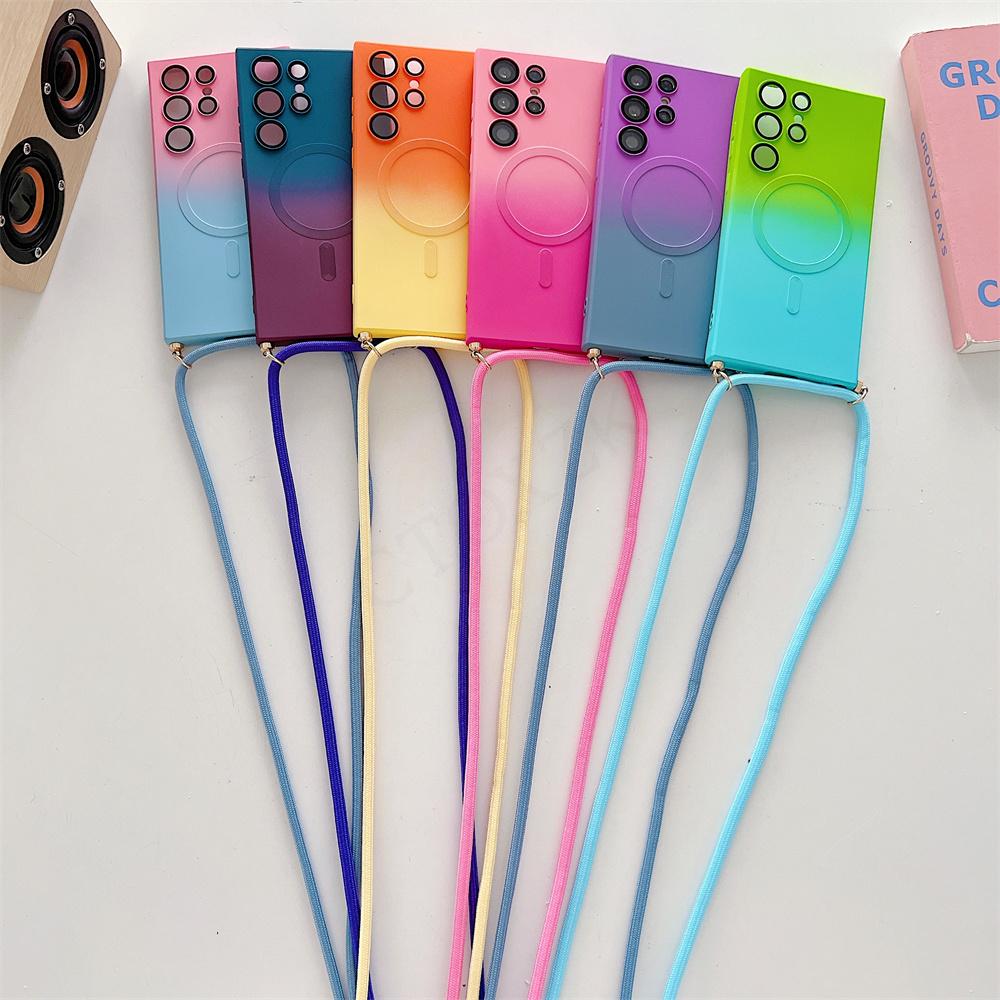 Crossbody Lanyard Cord Magsafe Case For Samsung S24 S23 S22 Ultra/iphone 15 14 13 12 11 Pro Max Gradient Matte Silicone Wireless Charging Back Cover