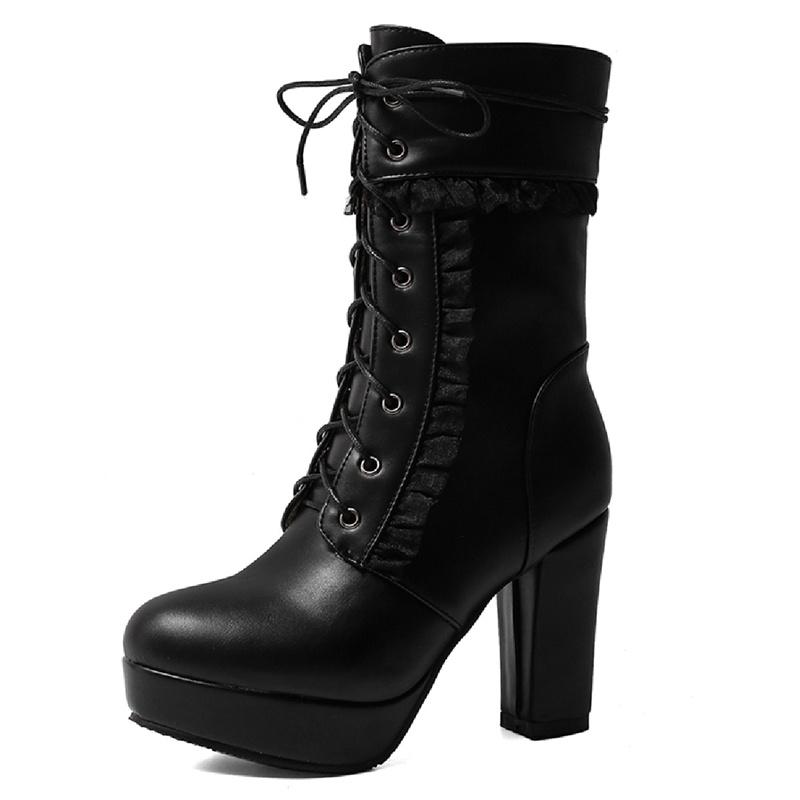 Fashion Fashion Mid-calf Boots Women Platform Autumn Winter Shoes Lovely Sweet Lace Up Pink White Lolita Shoes Girls Boots Large Size 48