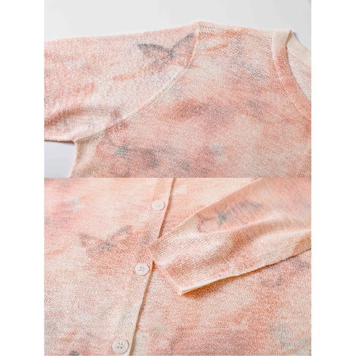 Women Summer Long Sleeve Floral Print Knitted O Neck Cardigan Casual Lightweight Knit Sweater Top Anti-Darkness