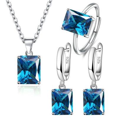 Collana con orecchini ad anello in argento sterling 925 per donne Set di gioielli eleganti da sposa con geometria rettangolare e zirconiArticoli