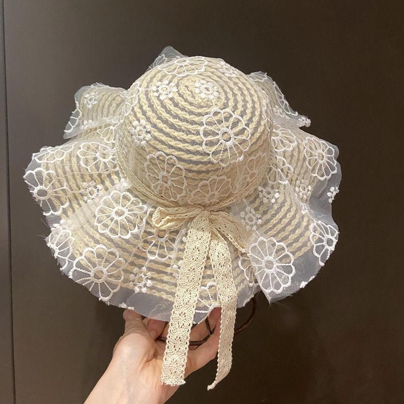 

Kids Summer Straw Hat For Girl Baby Lace Brim Protection Beach Cap Children Floppy Bucket Cap kids