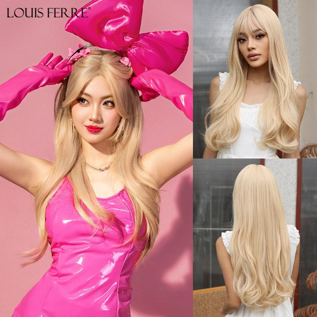 LOUIS FERRE Blonde Long Synthetic Wigs With Bangs Light Blonde Natural Straight Wig for Women Daily Cosplay Heat Resistant Hair
