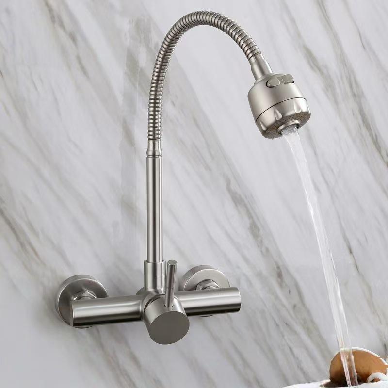 Grifo de Cocina de Acero Inoxidable 304 Montado en Pared de Doble Agujero con Salida Giratoria de Agua Caliente/Fría