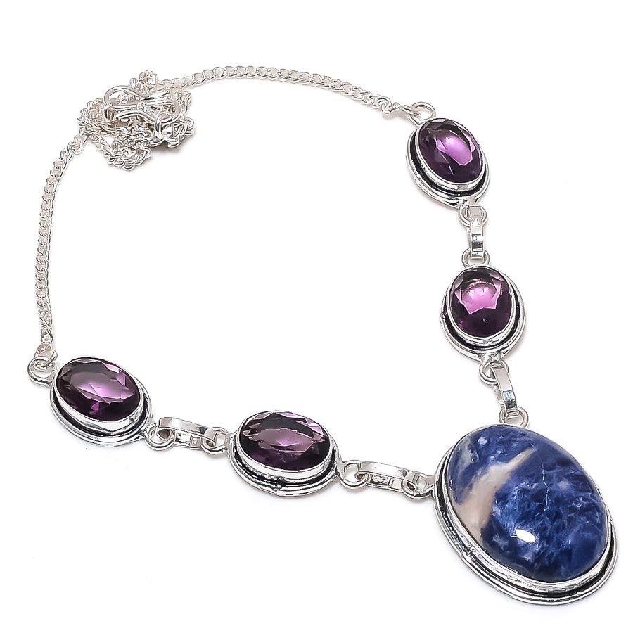 Natural Sodalite, Amethyst 925 Sterling Silver Jewelry Necklace 18" z7k63