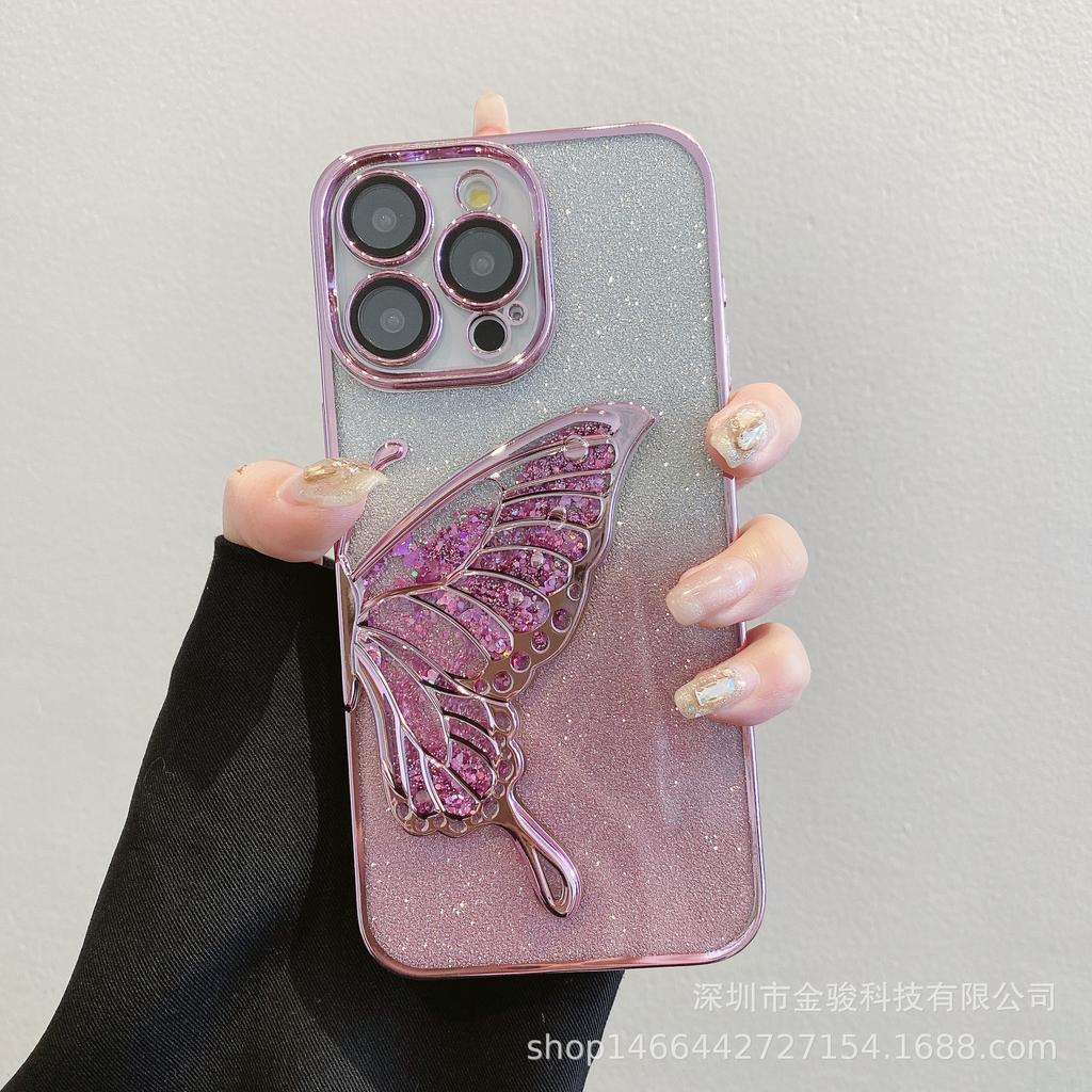 3D Flowing Sand Butterfly Apple 15 Phone Case 14 Pro with Lens Protector Compatible with iPhone 16 Electroplated TPU Soft Case