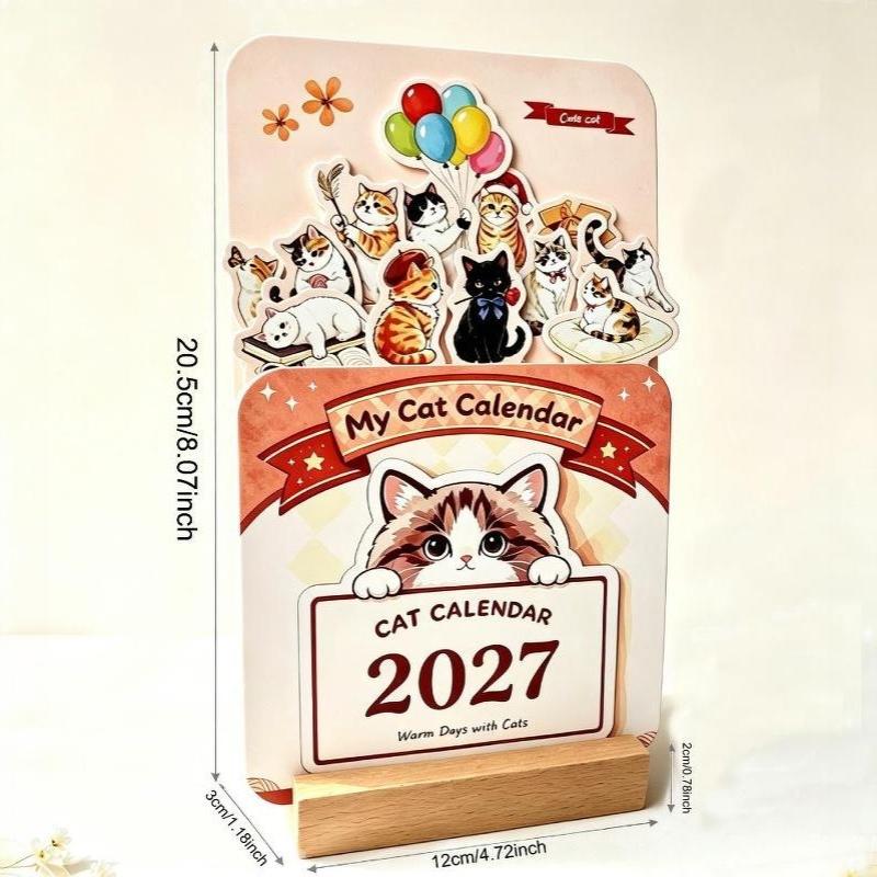 2027 Süße Katze Blühende Blumen Schreibtisch Schreibtischkalender Holzsockel 12 Malerei Kunstkarten Monatsplaner Home Office Schuldekor