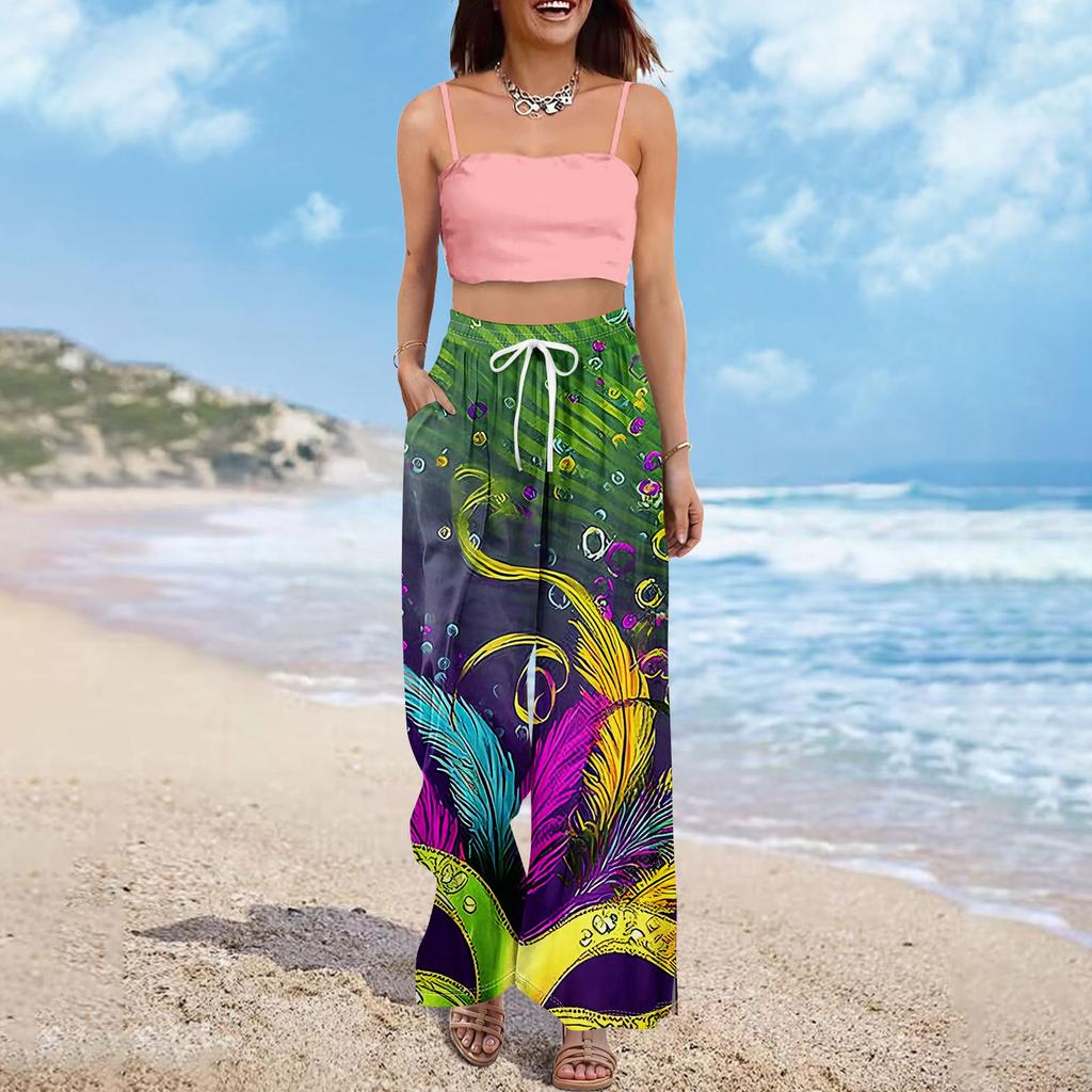 Women Summer Boho Palazzo Pants High Waist Wide Leg Printing Casual Trousers With Pockets
