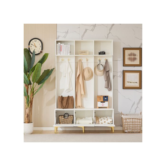 Meuble D’entrée - MUVOE - Ensemble Vestiaire Avec Banc - 6 Crochets - Blanc - Design Contemporain