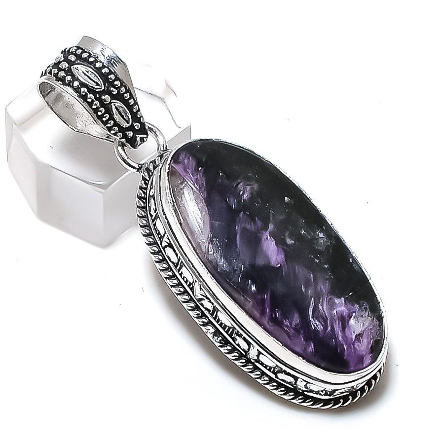 Natural Russian Charoite Gemstone 925 Steling Silver Jewelry Pendant 2.09" F1g80