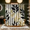 Black Shower Curtain With Gold Leaf Pattern, Polyester Fabric, Machine Washable, With Hooks, Suitable For Bathroom Dcor.