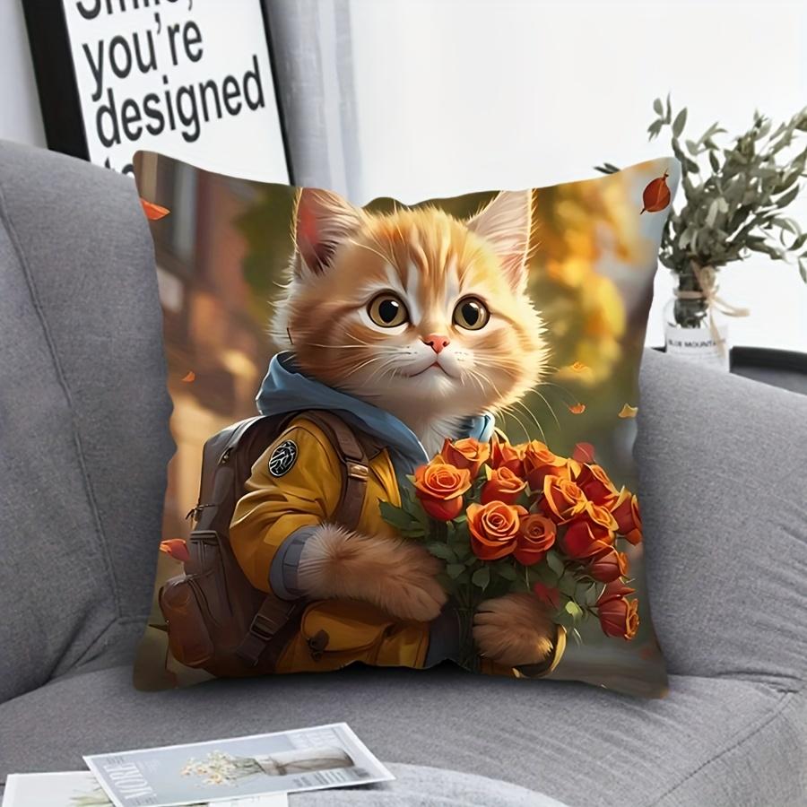 1pc Adorable Cat Print Pillowcase - 17, 7x17, 7 Inch, Cozy French Style, Machine Washable, Zippered Closure, 100% Polyester,Single-Sided Digital Print