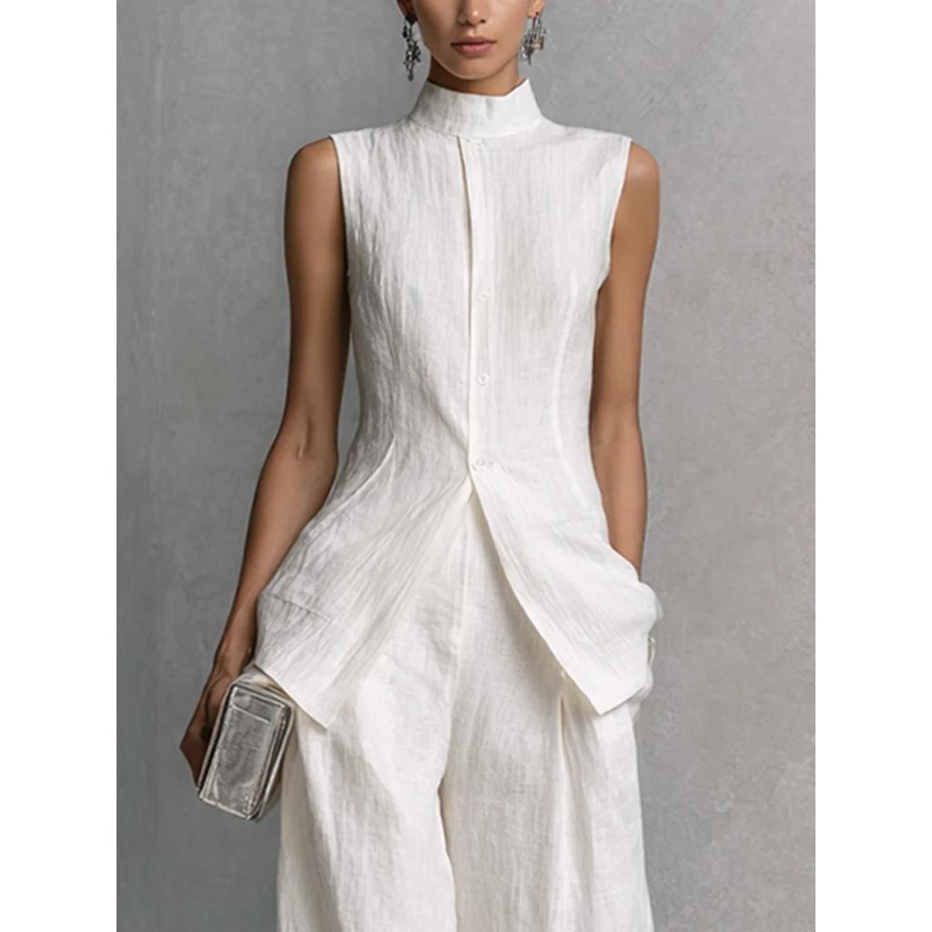 Completo Due Pezzi da Donna a Vestibilità Larga Top Blusa Senza Maniche con Collo Alto Pantaloni a Gamba Larga Vita Alta
