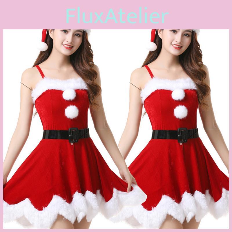 Red Velvet Women Christmas Costume With Soft Touch Santa Claus Dress And Hat