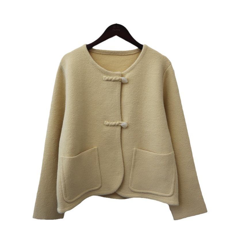 Love Buckle Knitted Double-sided Cardigan Short Coat Autumn and Winter New Loose Sweater Jacket Women