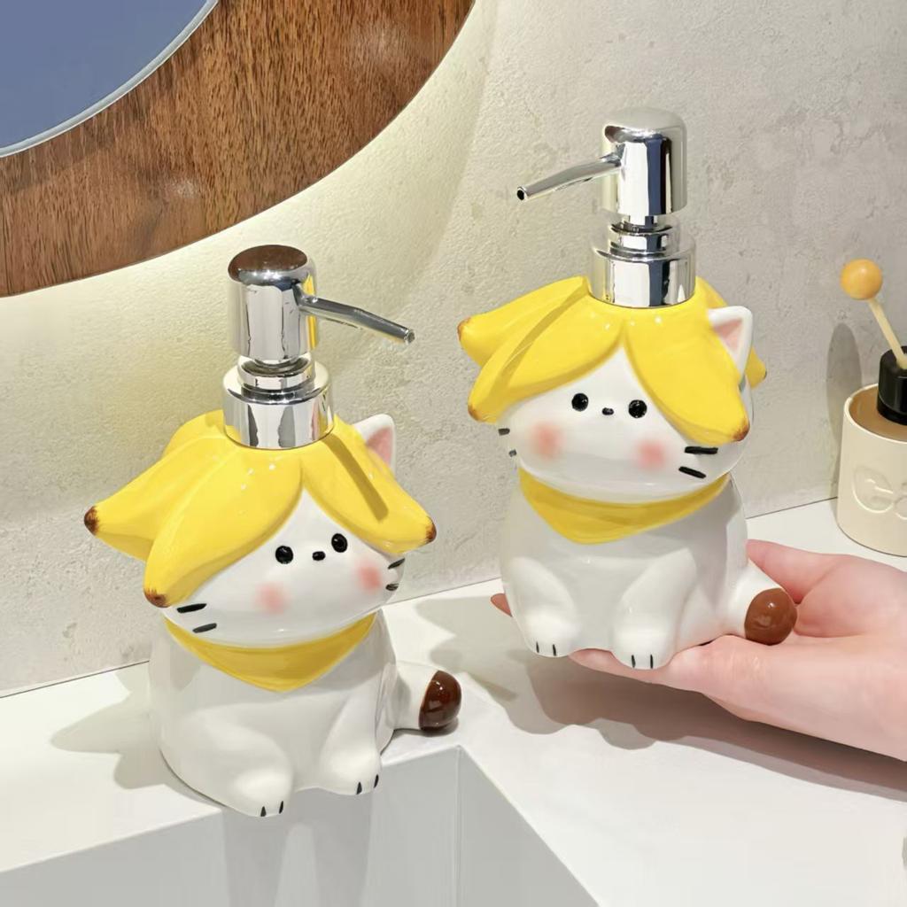 370ml Soap Dispenser Cartoon Cat Lotion Dispenser Bathroom Ceramic Press-type Hand Soap and Shower Gel Separate Bottles