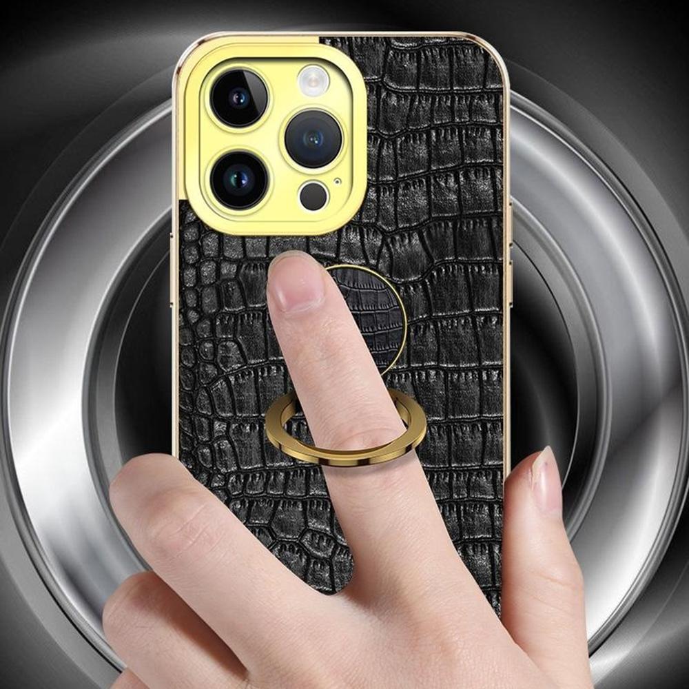 For iPhone 16 Pro Case Crocodile Texture Ring Kickstand TPU+Leather Electroplating Phone Cover