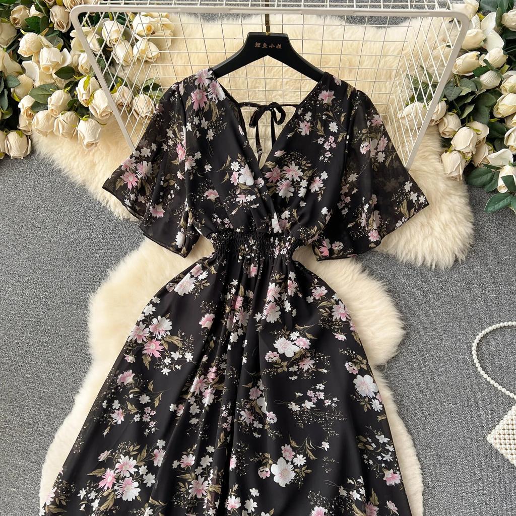 Abito Chiffon Stampato Sle Vacanza al Mare Donna Estate Nuovo Scollo a V Aderente in Vita Snellente Lunghezza Media Ampia Gonna a Ruota Moda