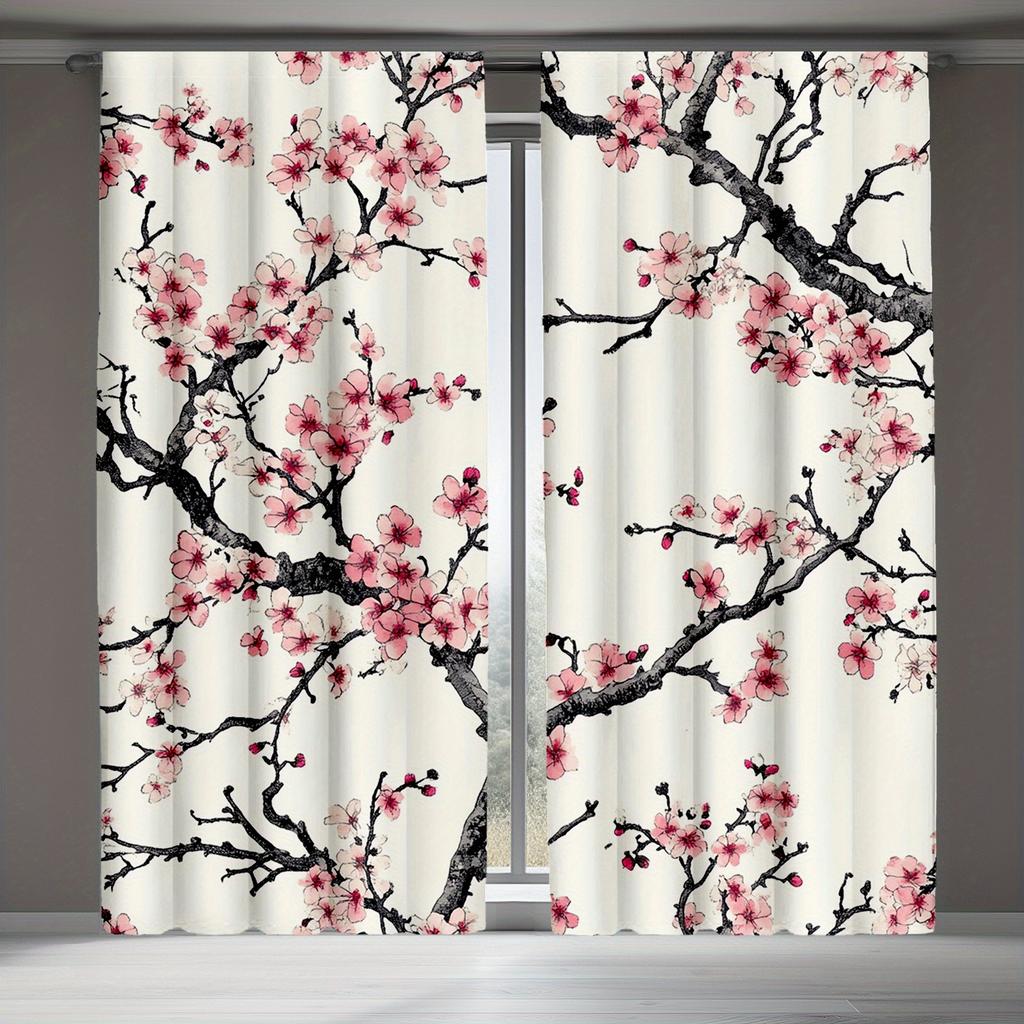 2 Stück Vorhänge mit japanischem Kirschblüten- und Kirschzweig-Druck, Polyesterstoff, geeignet für Schlafzimmer, Wohnzimmer